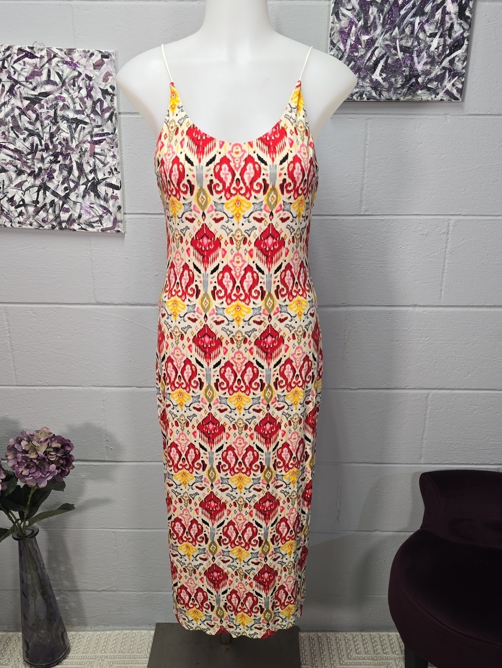 Alice + Olivia Red, Yellow & Cream Patterned Spaghetti Strap Maxi Dress